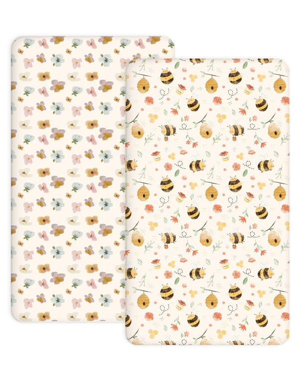 Woodiville Bee Happy crib sheet closeup shows soft breathable jersey knit.