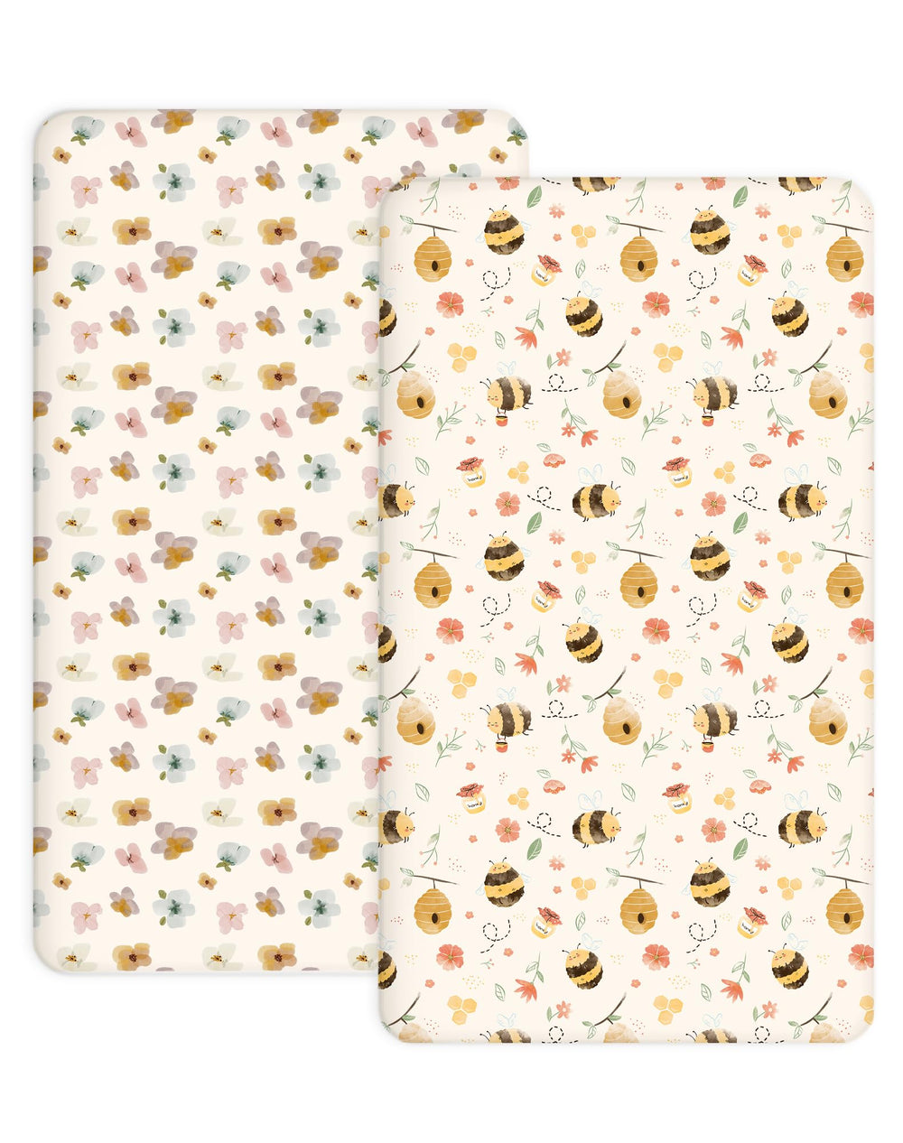 Woodiville Bee Happy crib sheet closeup shows soft breathable jersey knit.