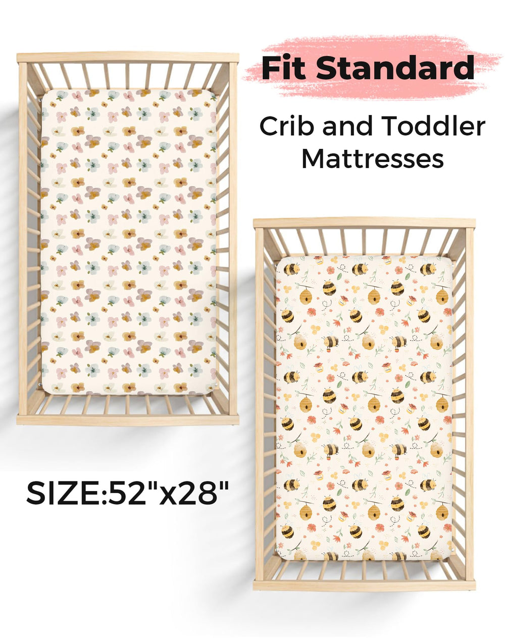 Woodiville Bee Happy crib sheet with elastic edge for secure fit.