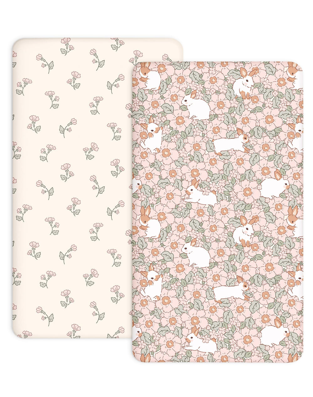 Woodiville Bunny Garden pack-n-play sheet front view with ultra-soft knit for baby comfort.