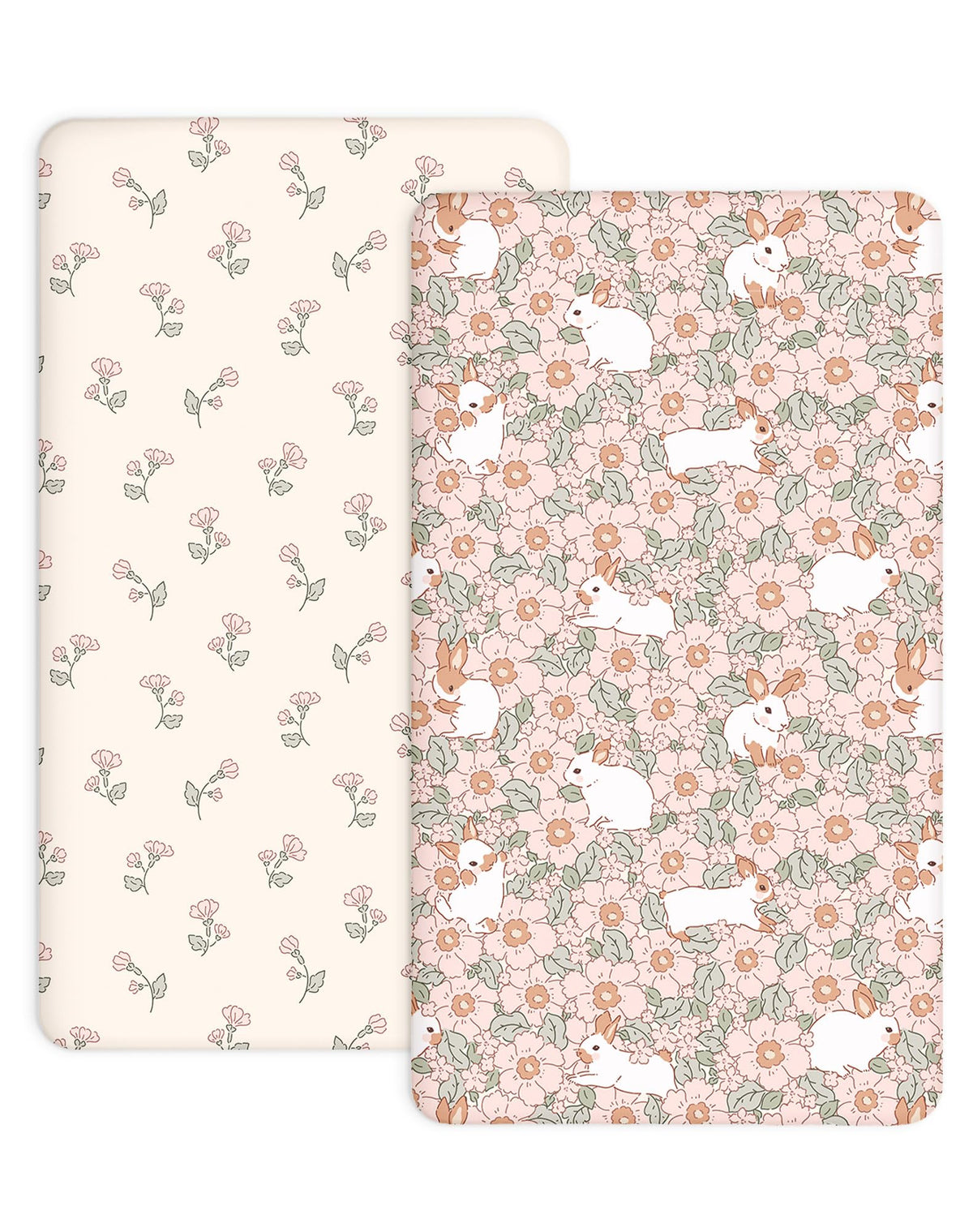 Woodiville Bunny Garden pack-n-play sheet front view with ultra-soft knit for baby comfort.