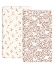 Woodiville Bunny Garden pack-n-play sheet front view with ultra-soft knit for baby comfort.