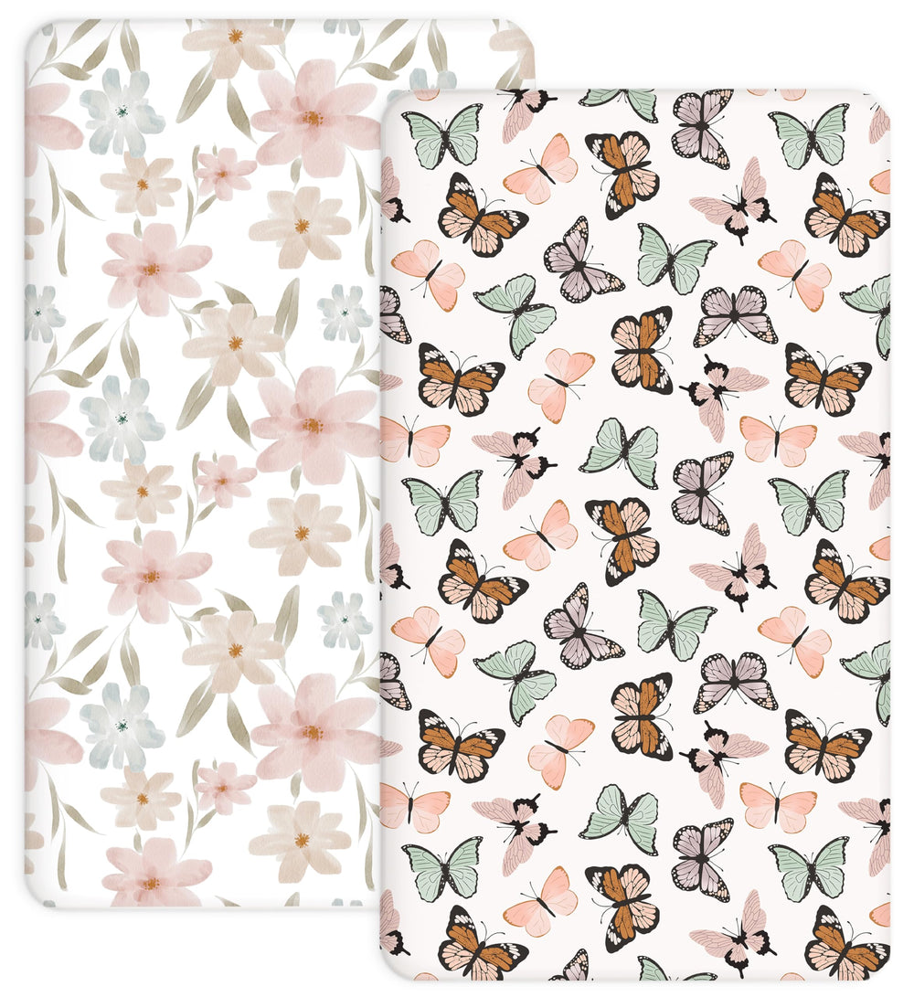 Woodiville Butterfly Dance crib sheet pattern in 28x52, two-pack for a cozy nursery.