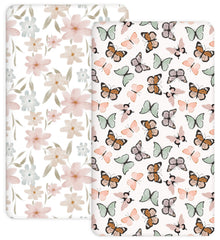Woodiville Butterfly Dance crib sheet pattern in 28x52, two-pack for a cozy nursery.