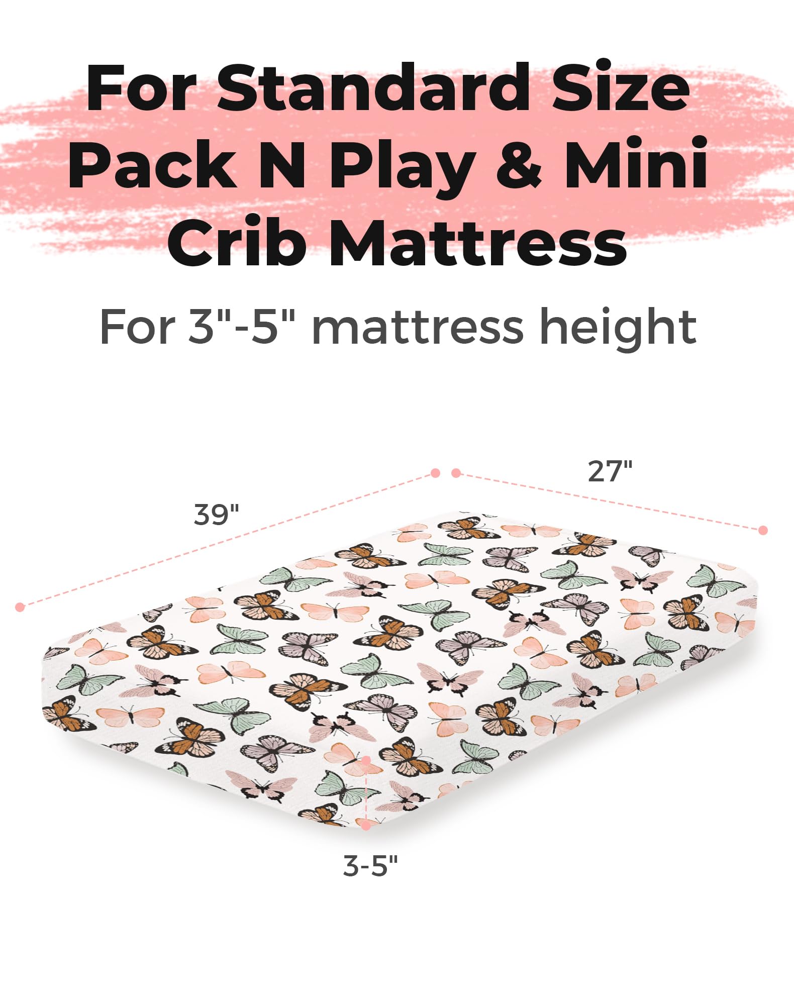 Woodiville Butterfly Dance mini crib sheet shows the pattern and secure fit