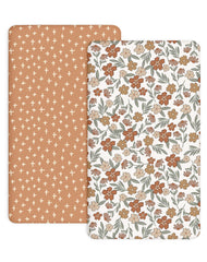 Woodiville Rusty Garden pattern crib sheets for a cozy nursery.