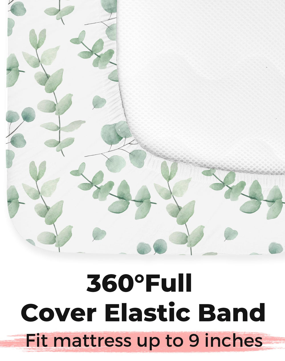 Woodiville 28x52 crib sheets with elastic-band closeup ensuring secure fit
