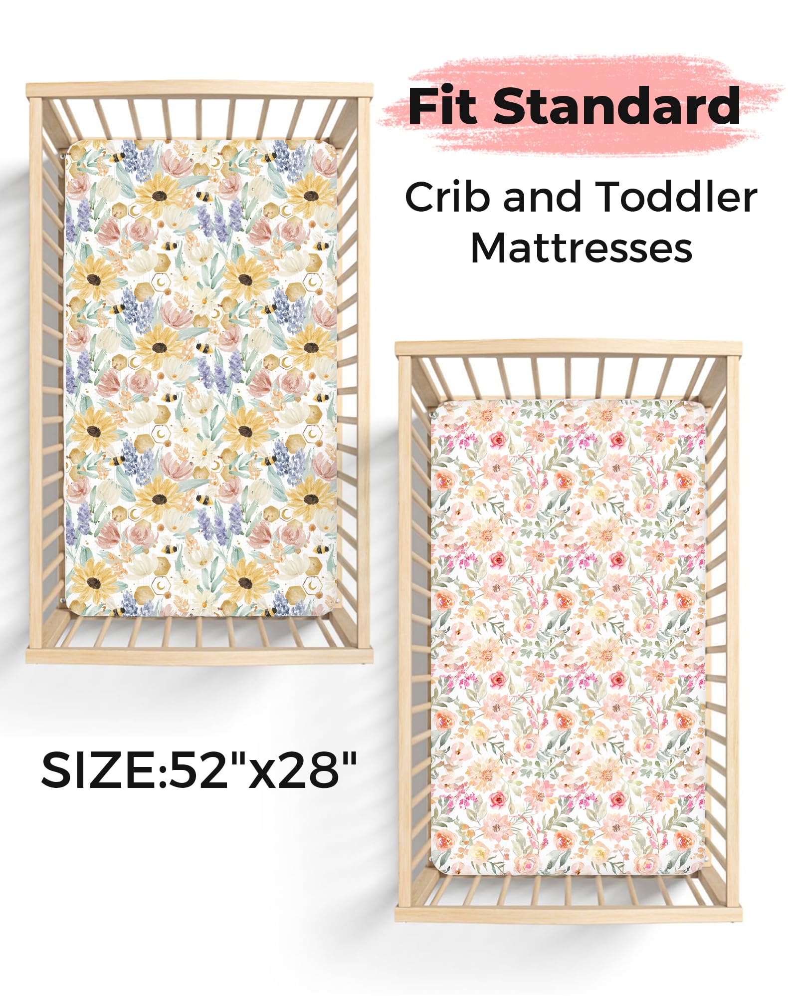 Woodiville crib sheets show 28x52 fit with secure edges.