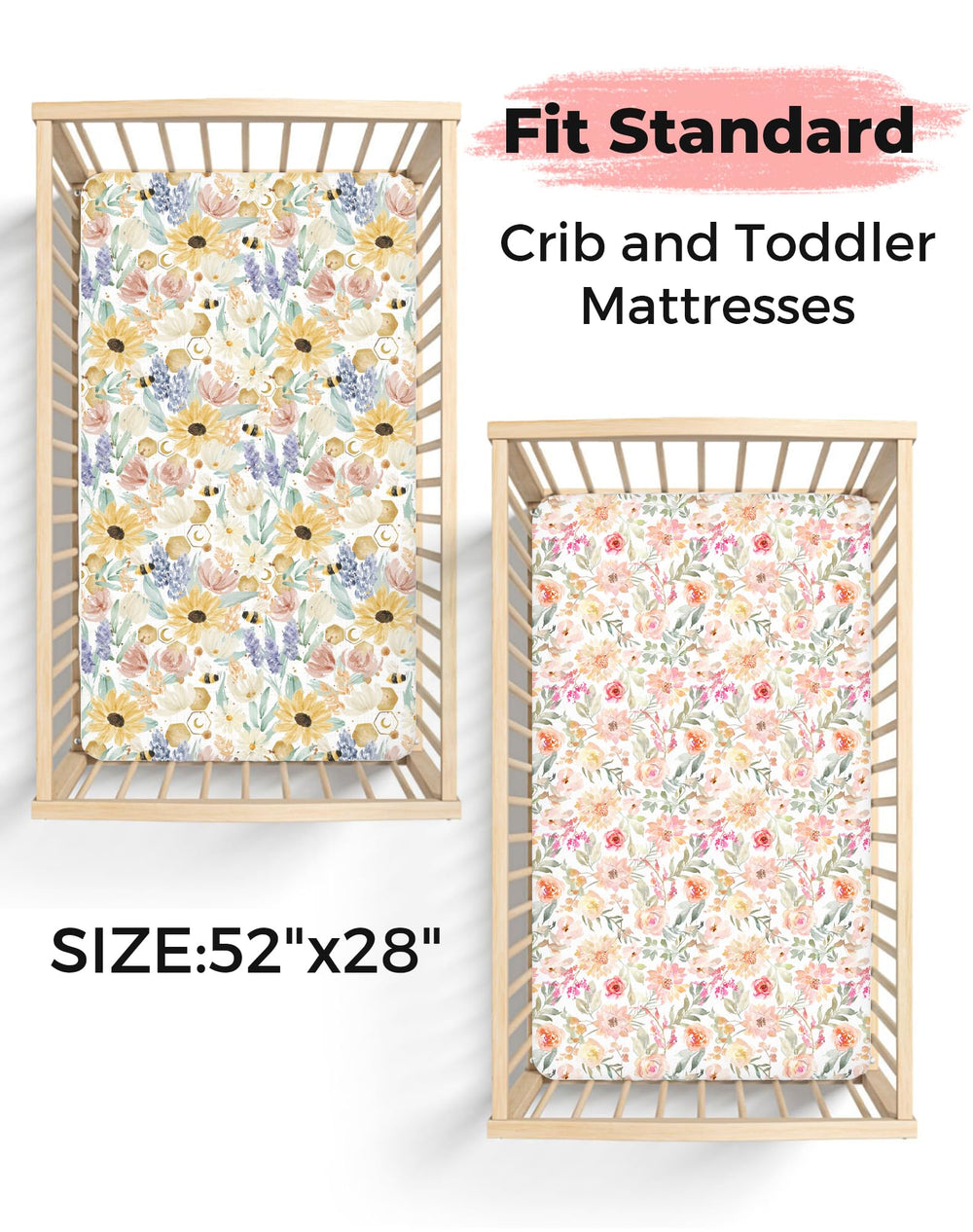 Woodiville crib sheets show 28x52 fit with secure edges.