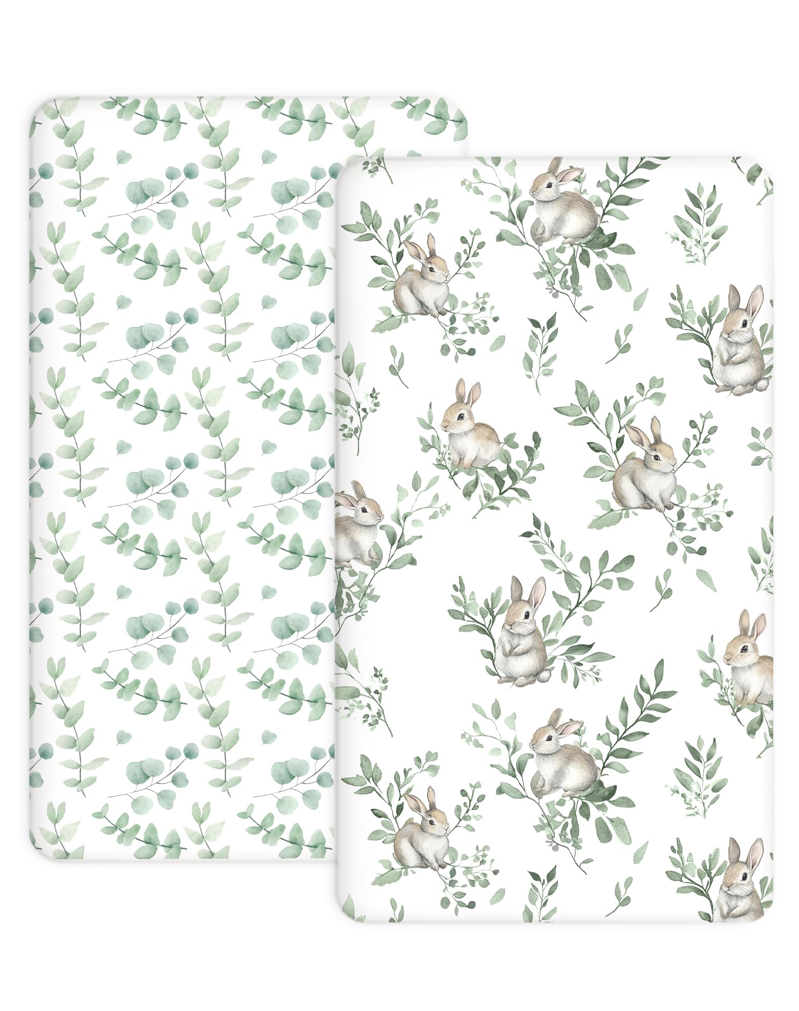 Woodiville crib sheets with Bunny Meadow pattern closeup for a cozy nursery ambiance