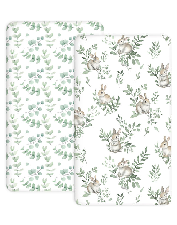 Woodiville crib sheets with Bunny Meadow pattern closeup for a cozy nursery ambiance