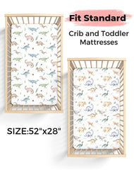 Woodiville Dino Pals crib sheet with elastic band ensures snug edges for safe sleep.