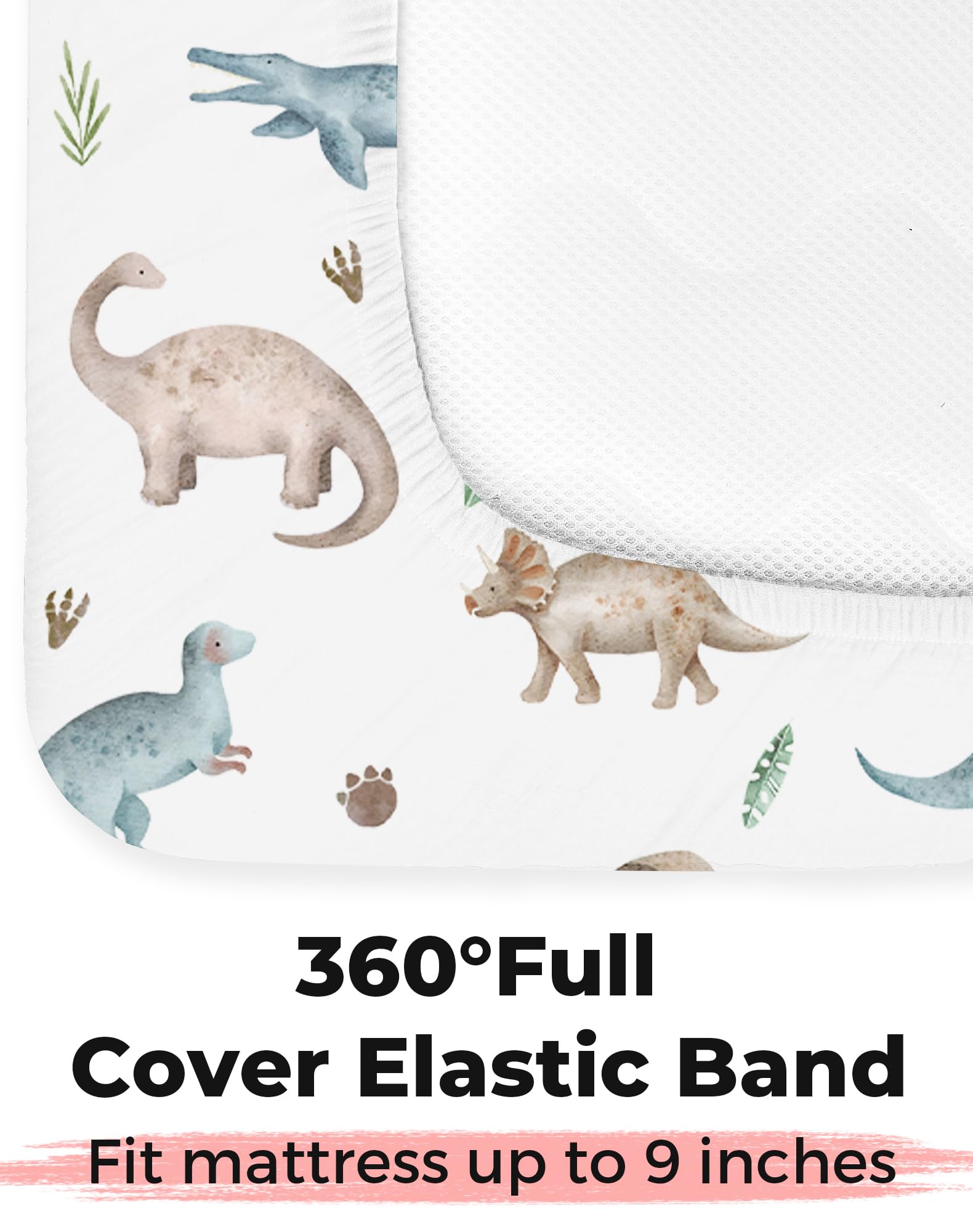 Woodiville Dino Pals crib sheet on mattress highlights breathable jersey knit.