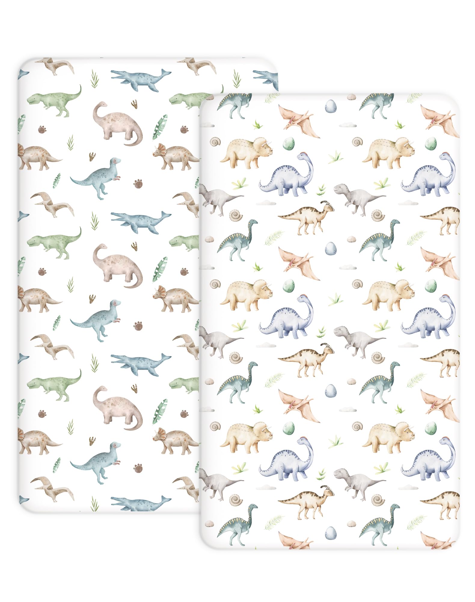 Woodiville Dino Pals crib sheet pack closeup shows soft fabric and secure fit.