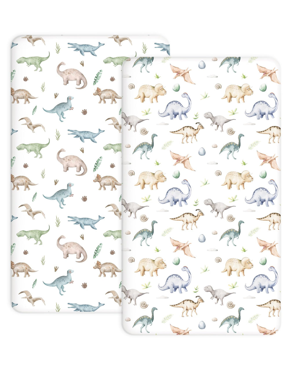 Woodiville Dino Pals crib sheet pack closeup shows soft fabric and secure fit.