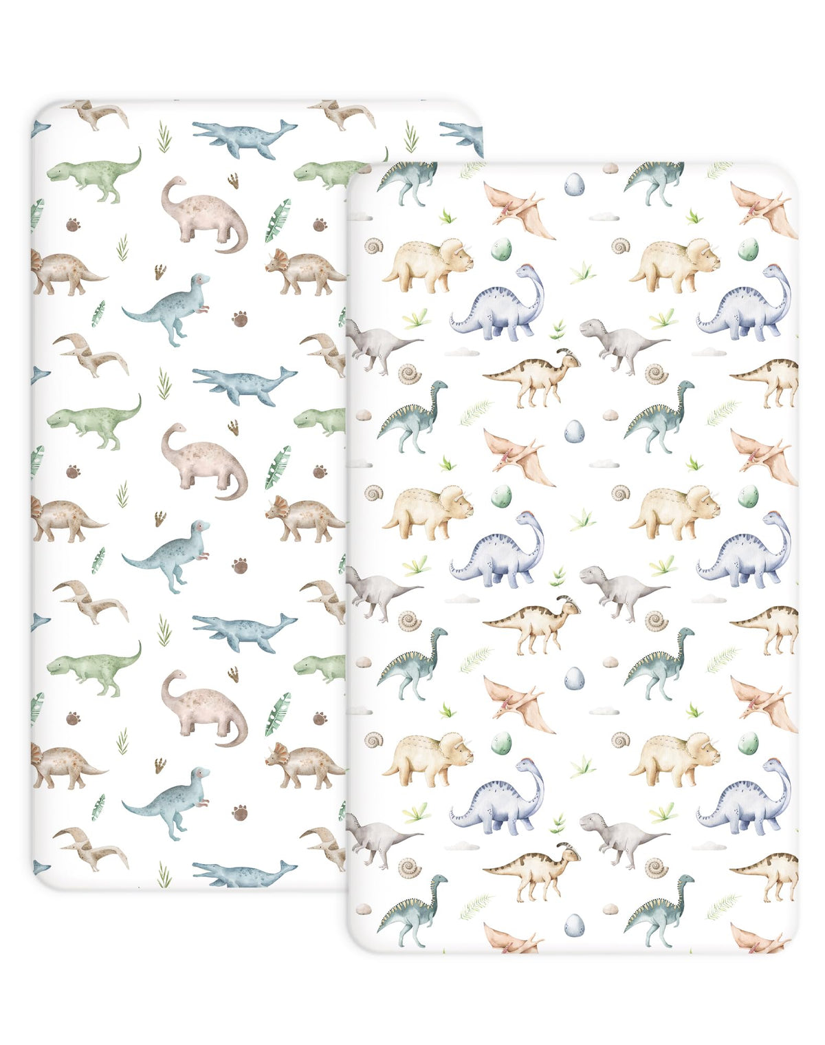 Woodiville Dino Pals crib sheet pack closeup shows soft fabric and secure fit.