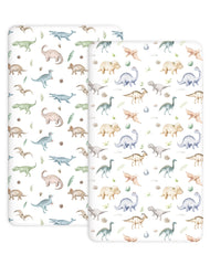 Woodiville Dino Pals crib sheet pack closeup shows soft fabric and secure fit.