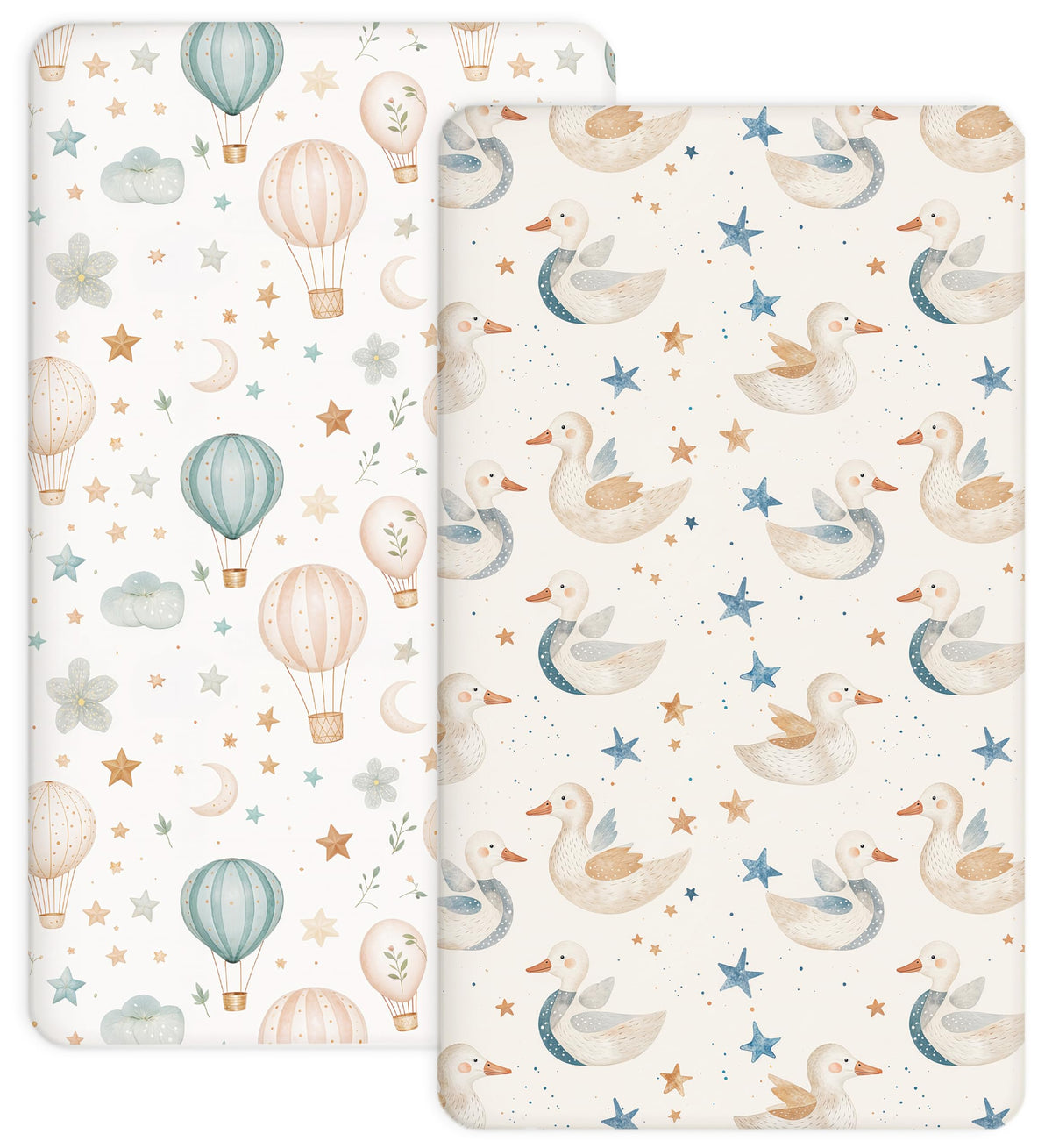 Woodiville Dreamy Swans crib sheets closeup elastic band for secure nightly fit.