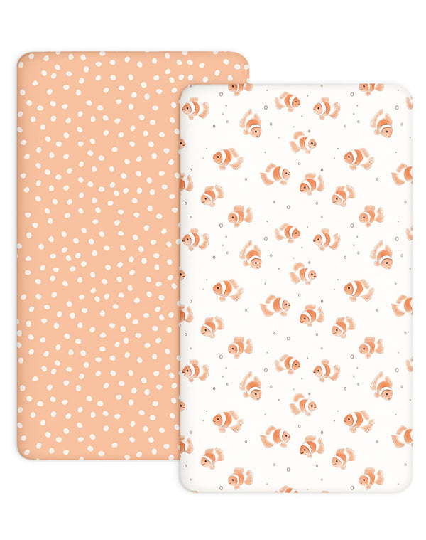 Woodiville Nemo Dots crib sheet close-up shows soft jersey knit for baby comfort.