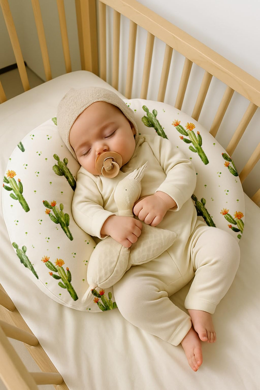 Woodiville nursing pillow cover is machine washable for quick cleanup after spit-up.