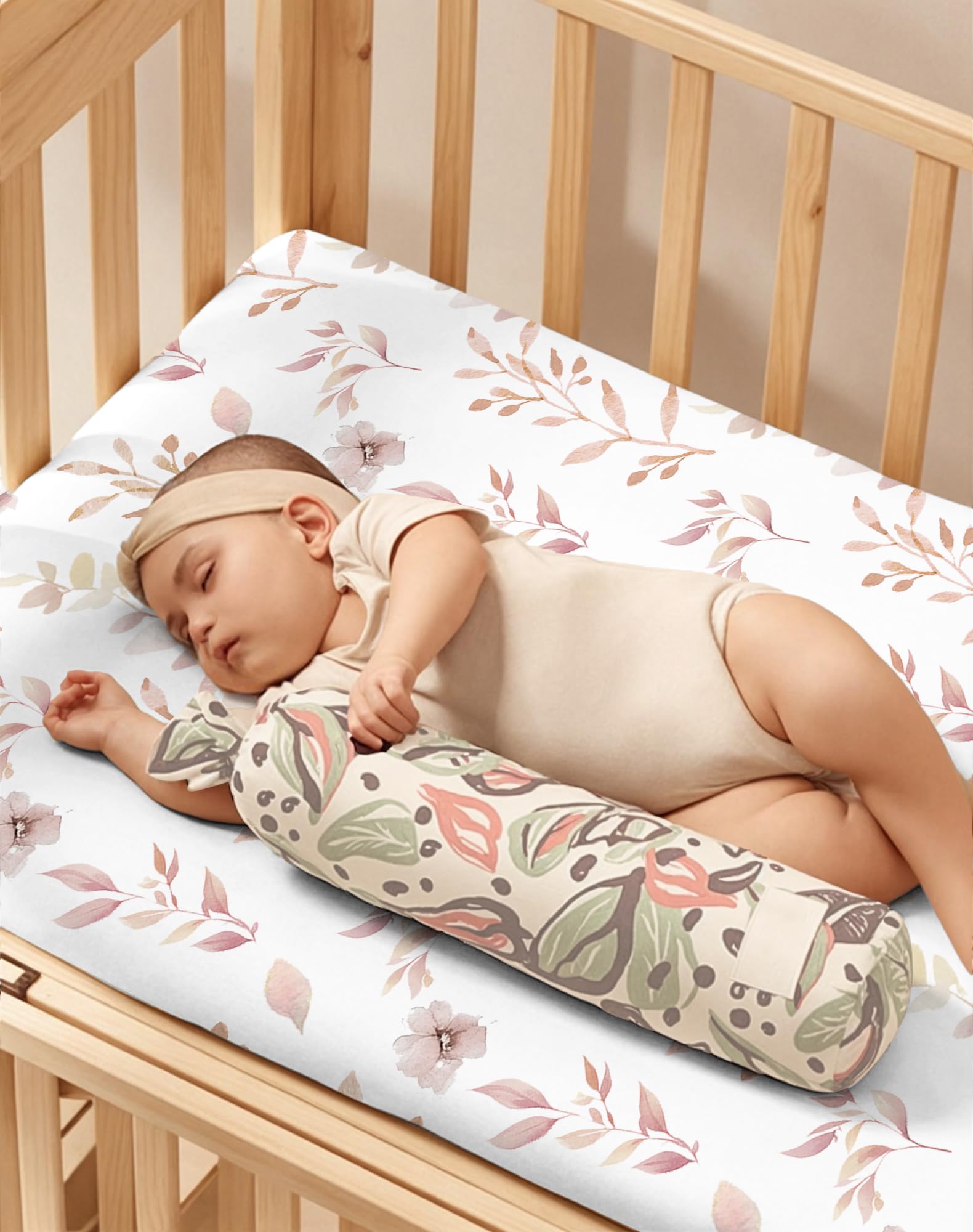 Woodiville mini crib sheet blush berry 39x27 fit closeup, showing snug surface