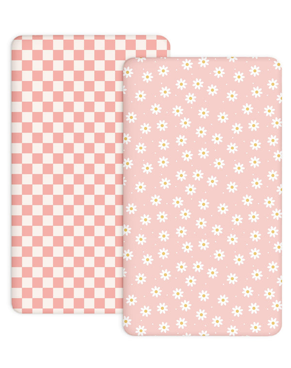 Woodiville Daisy Check fabric closeup shows silky soft jersey for baby comfort.