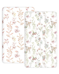 Woodiville pack-n-play sheets with floral fawn pattern for a cozy, tidy nursery.