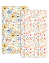 Woodiville Pack N Play sheets in Golden Meadow folded for travel convenience