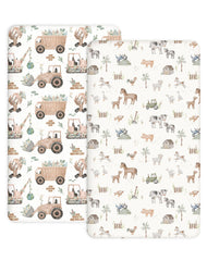 Woodiville Pack N Play sheet in Little Farm pattern keeps the playard cozy