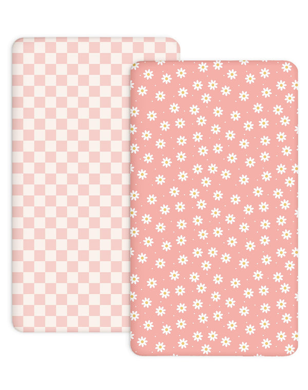 Woodiville Pack N Play Sheets Rosy Days pattern shows a soft, breathable knit for gentle sleep.