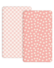 Woodiville Pack N Play Sheets Rosy Days pattern shows a soft, breathable knit for gentle sleep.