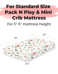 Woodiville Pack and Play Sheets, Rusty Garden secure-fit, demonstrates snug elastic for stable sleep surface.