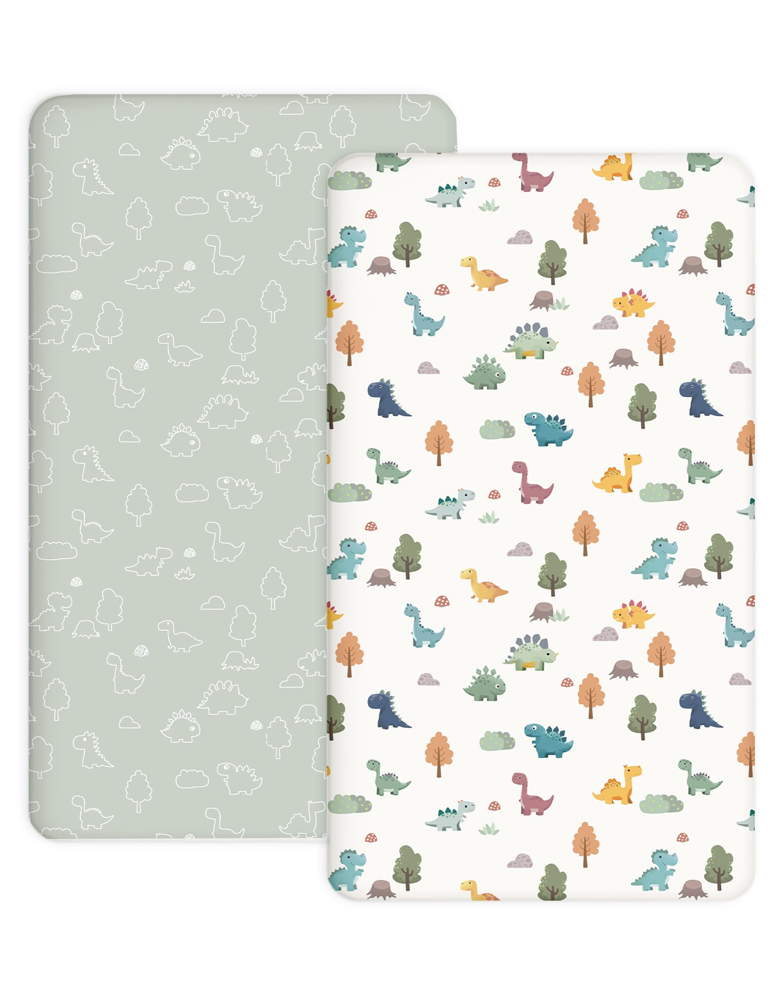Woodiville Sage Dino pack n play sheets with playful pattern for soft, breathable naps.
