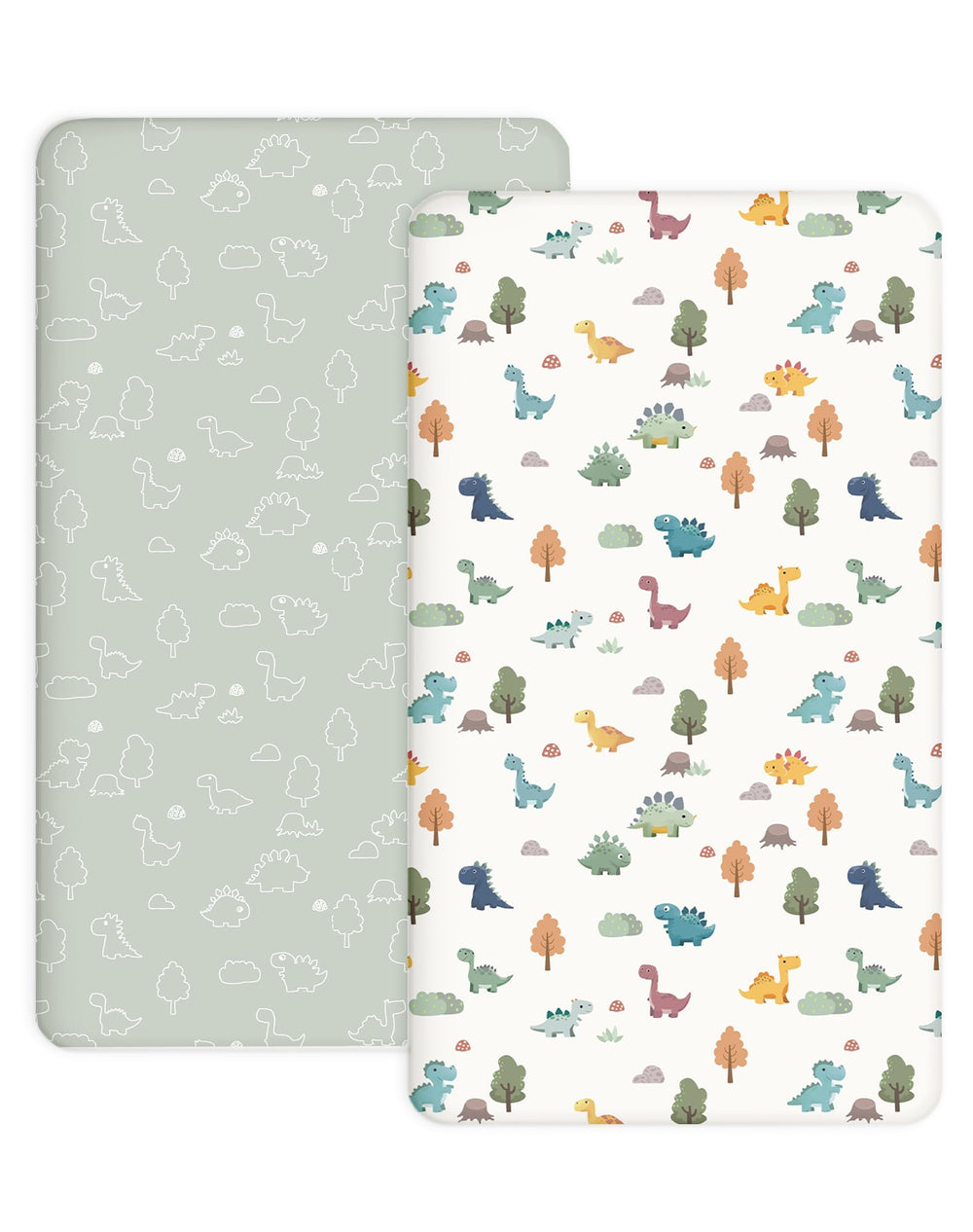 Woodiville Sage Dino pack n play sheets with playful pattern for soft, breathable naps.