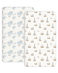 Woodiville Sailing Waves crib sheet 2-pack offers snug fit for baby's sleep surface.