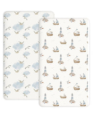 Woodiville Sailing Waves pack-n-play sheet fits snugly on standard mattresses for a secure, comfortable surface.