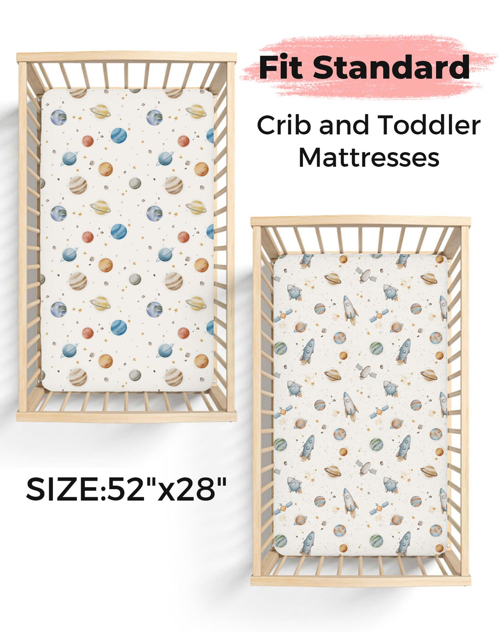 Woodiville Stellar Adventure crib sheet showing secure elastic band keeps in place