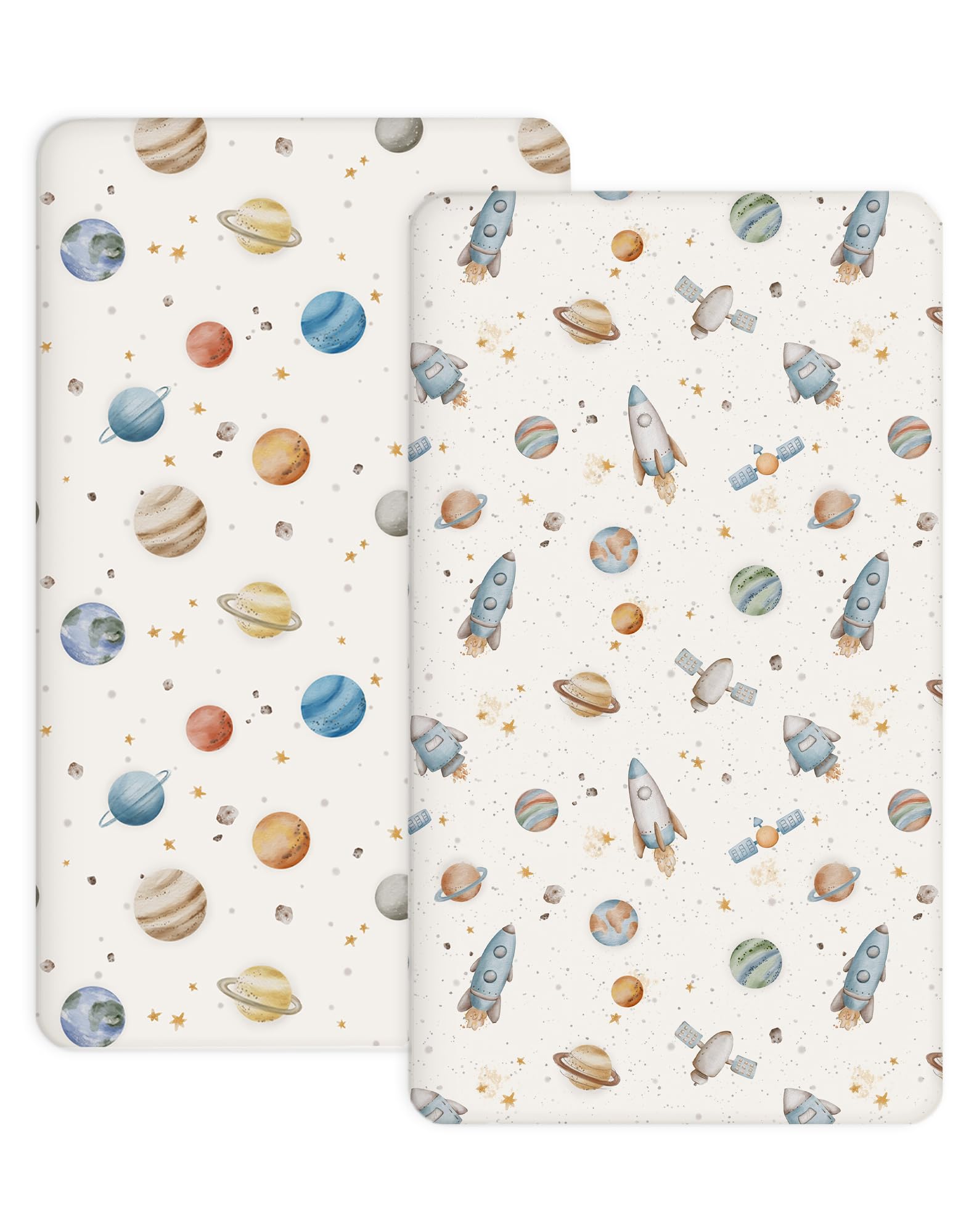 Woodiville Stellar Adventure pack n play sheet closeup showing soft knit fabric for gentle touch.