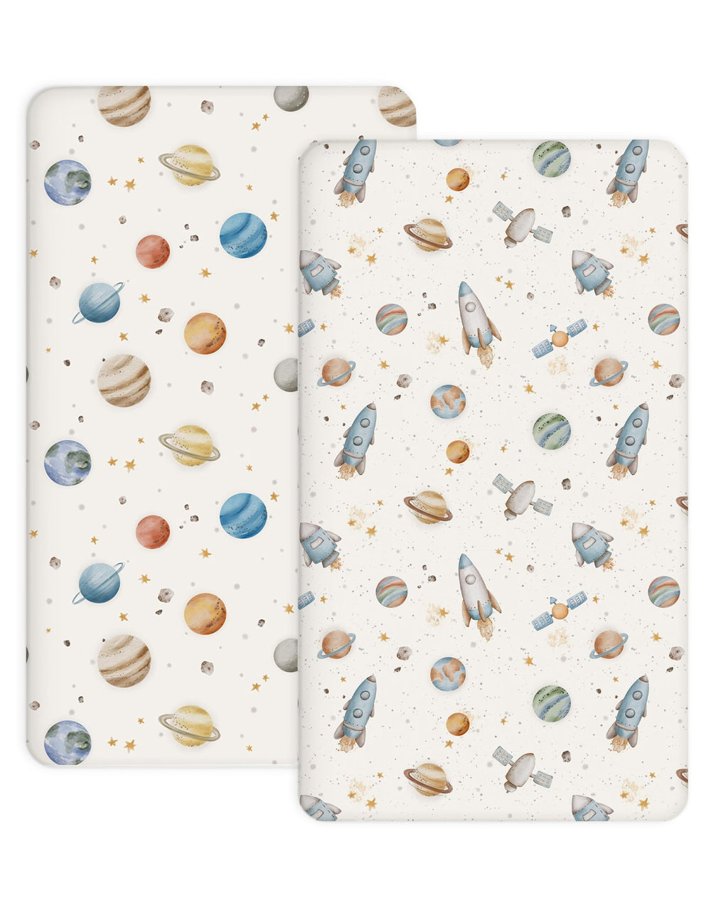Woodiville Stellar Adventure pack n play sheet closeup showing soft knit fabric for gentle touch.
