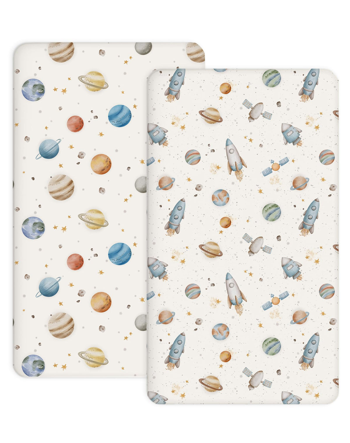 Woodiville Stellar Adventure pack n play sheet closeup showing soft knit fabric for gentle touch.