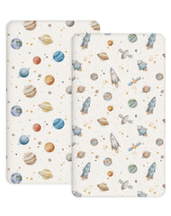 Woodiville Stellar Adventure pack n play sheet closeup showing soft knit fabric for gentle touch.