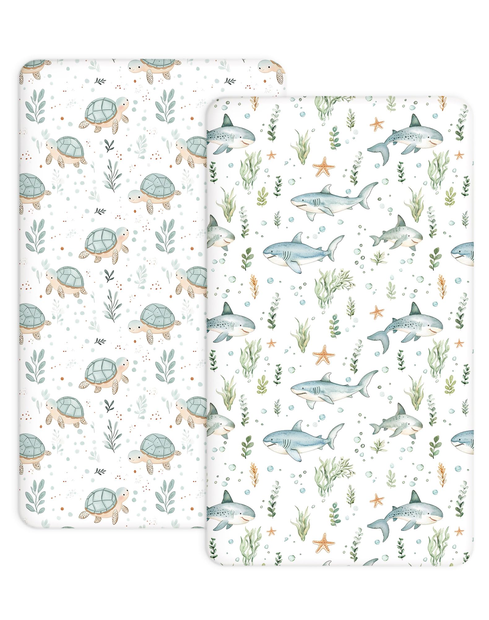 Woodiville turtle-shark crib sheets for safe, snug 28x52 fit.