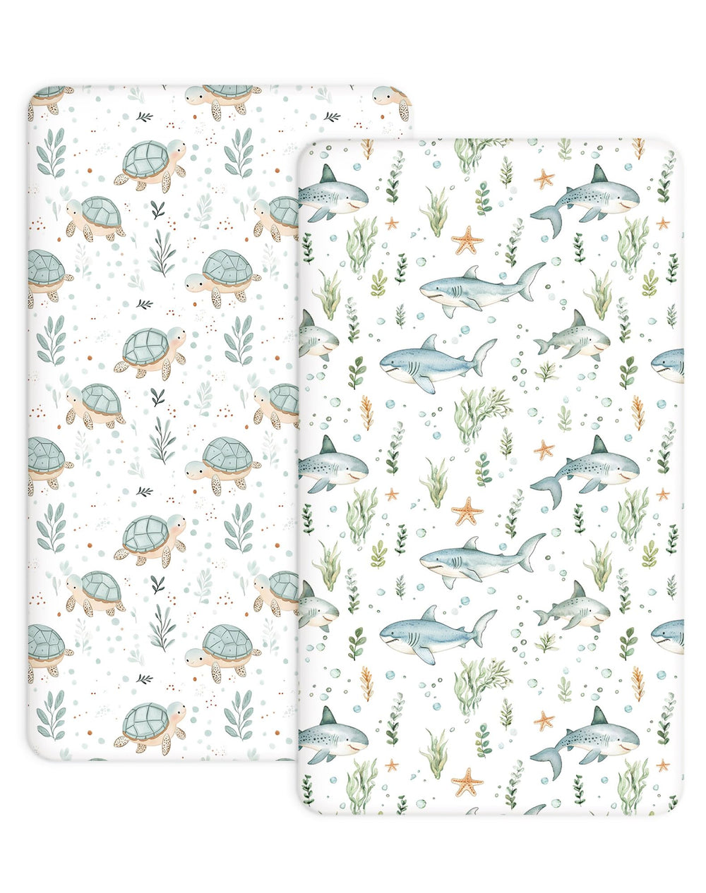 Woodiville turtle-shark crib sheets for safe, snug 28x52 fit.