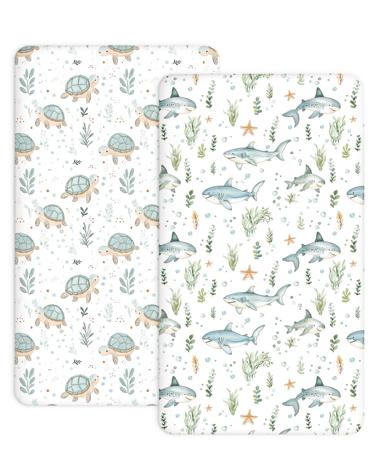 Woodiville turtle-shark crib sheets for safe, snug 28x52 fit.
