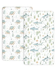 Woodiville turtle-shark crib sheets for safe, snug 28x52 fit.