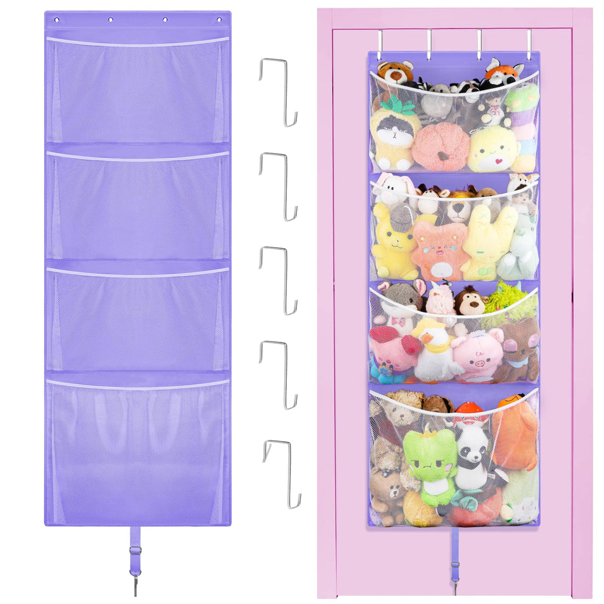 Woodoulogy hanging stuffed animal storage on a door, easy access for kids.