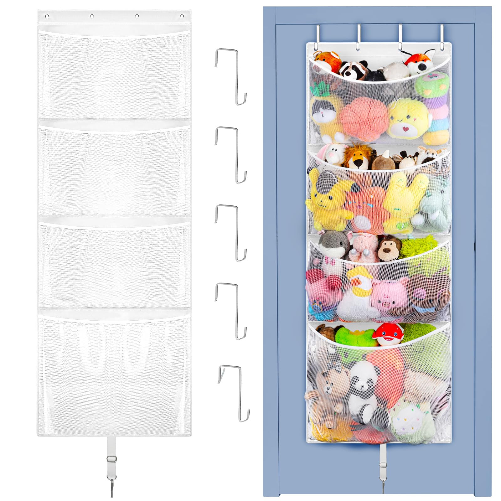 Woodoulogy hanging stuffed animal storage on a door keeps toys visible and easy to grab