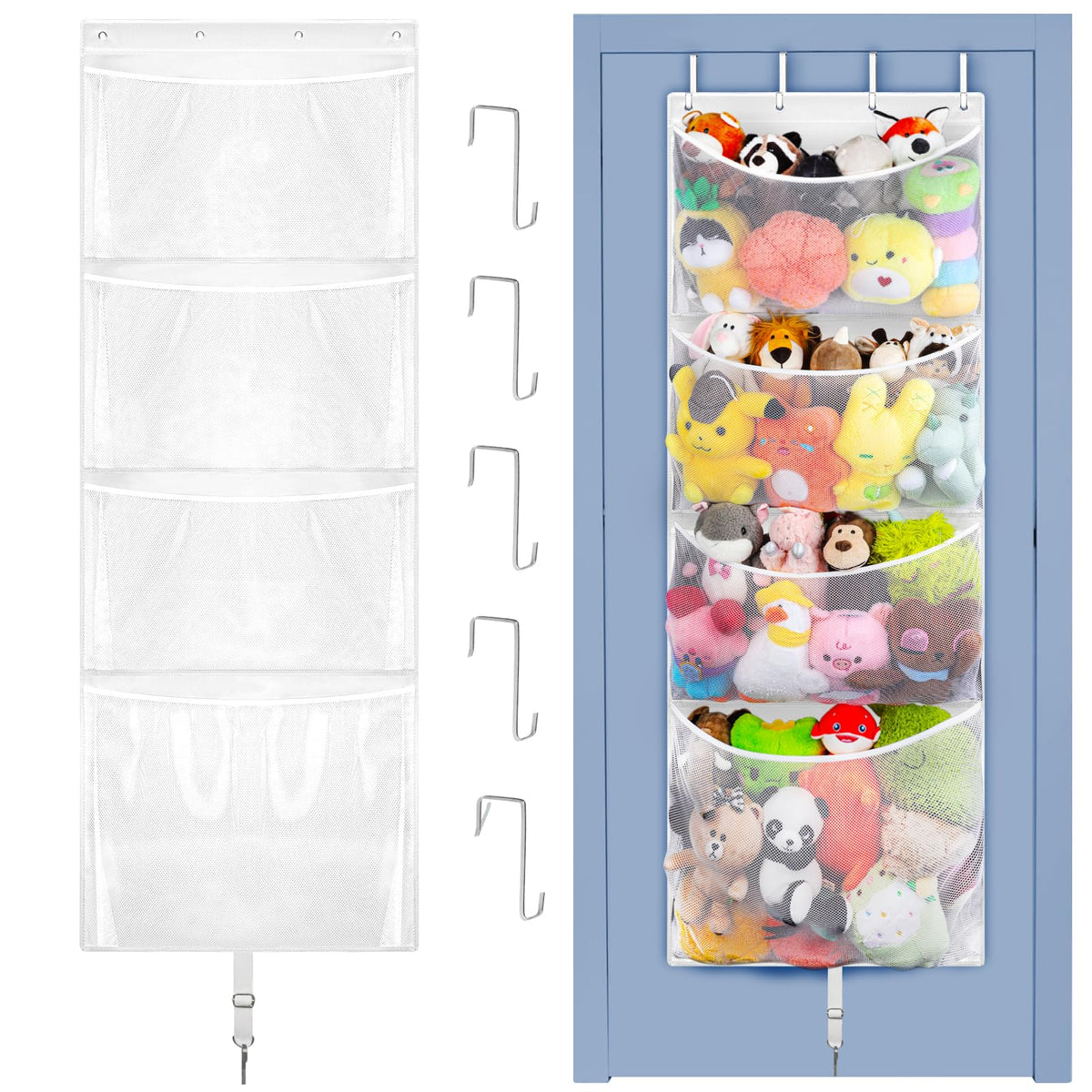 Woodoulogy hanging stuffed animal storage on a door keeps toys visible and easy to grab