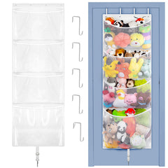 Woodoulogy hanging stuffed animal storage on a door keeps toys visible and easy to grab