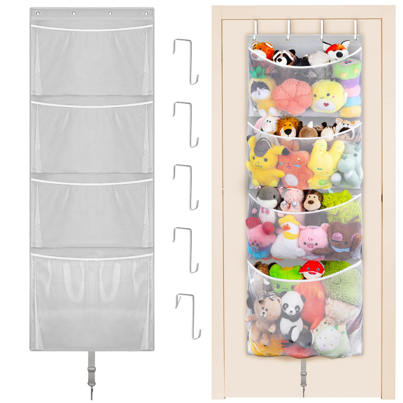 Woodoulogy hanging stuffed animal storage over door keeps toys within reach